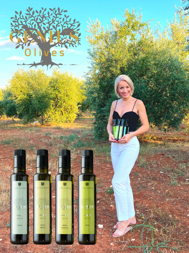 Jasmina Angelini im Olivenhain Istrien mit ihren GENIUS olives Olivenölen